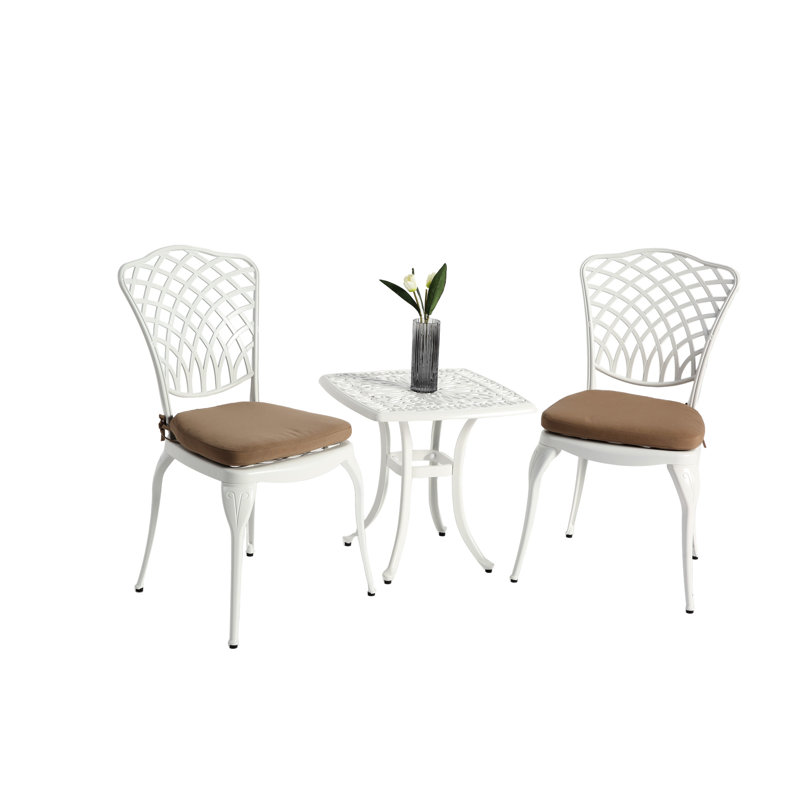 Ensemble bistro en fonte d'aluminium antirouille pour patio, 3 pièces et 1 table ronde avec coussin blanc