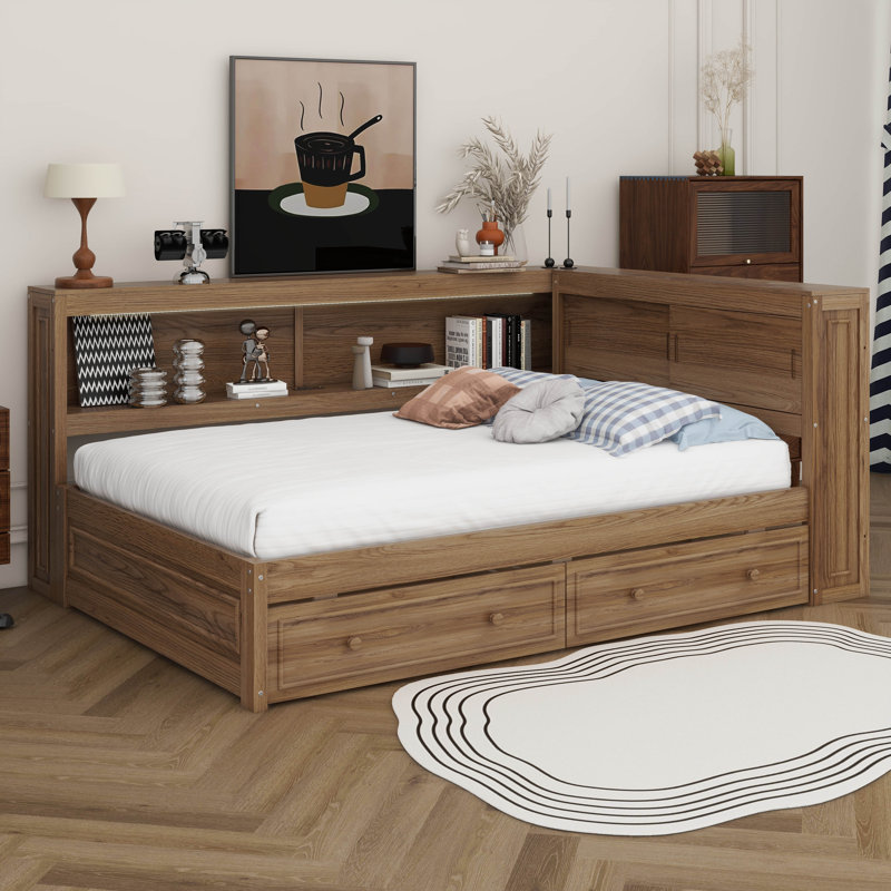 Full Size L-Shape Wood Daybed With LED Light Storage Shelves, Daybed Frame With USB & Built-In Charging Station, 2 Drawers