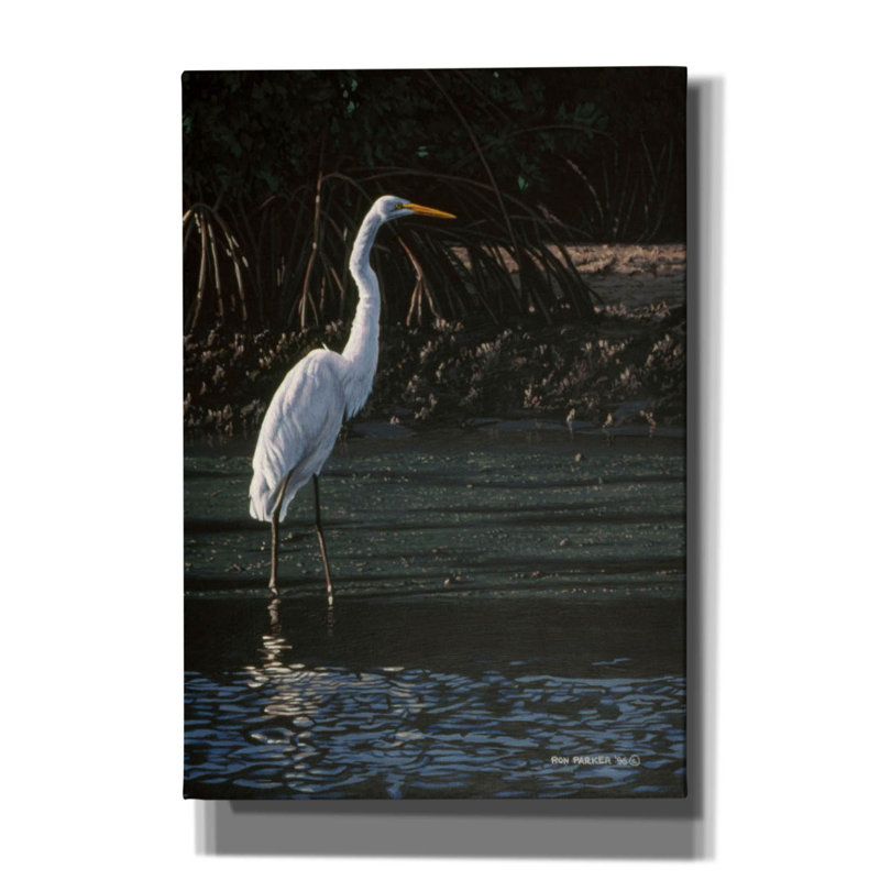 Grande aigrette sur toile par Ron Parker, H 26 po x l 18 po x P 0,75 po