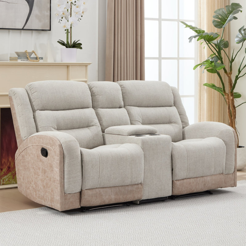 82.3" Wide Modern Elegant Leather Match Fabric Manual Reclining Loveseat Sofa with Central Console