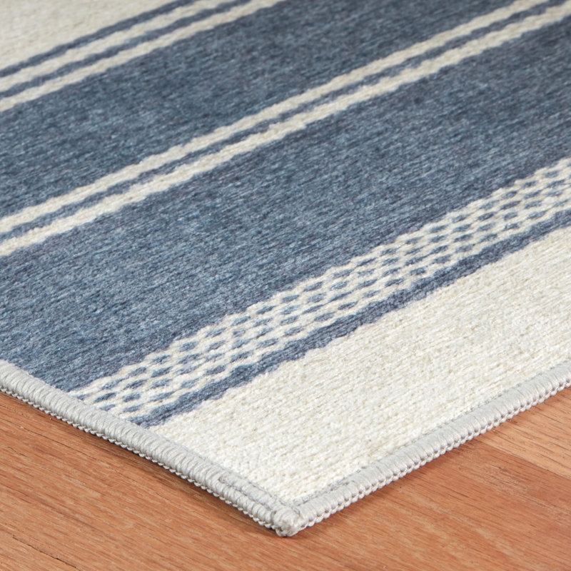 Bowman Machine Printed Polyester Striped Area Rug in Blue/White, Rectangle 6' x 9'