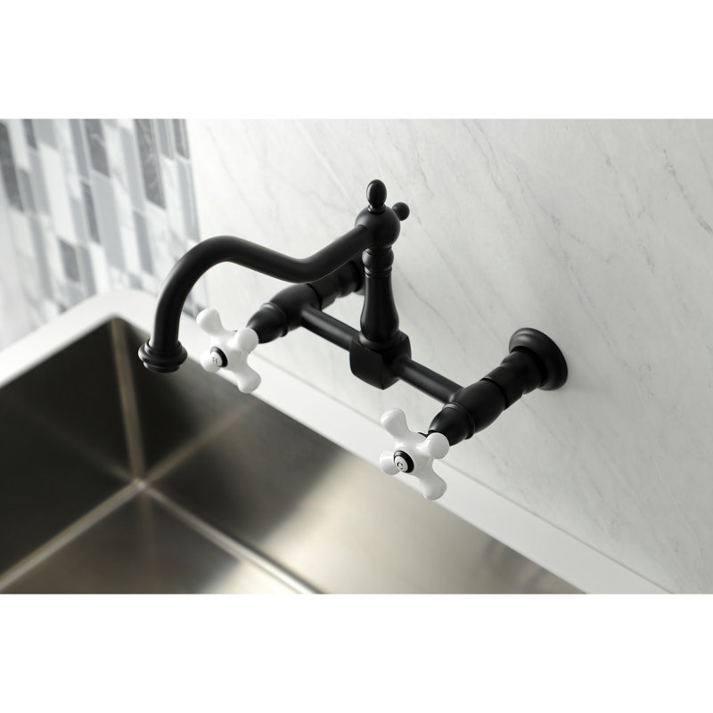 Kingston Brass Heritage Double-Handle 2-Hole Wall-Mount Bridge Kitchen Faucet, Matte Black/White