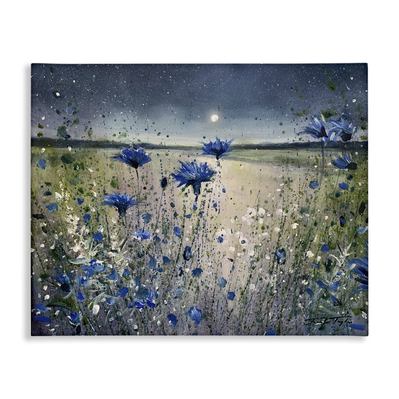 Blue Night Blooming Flowers Landscape Canvas Art