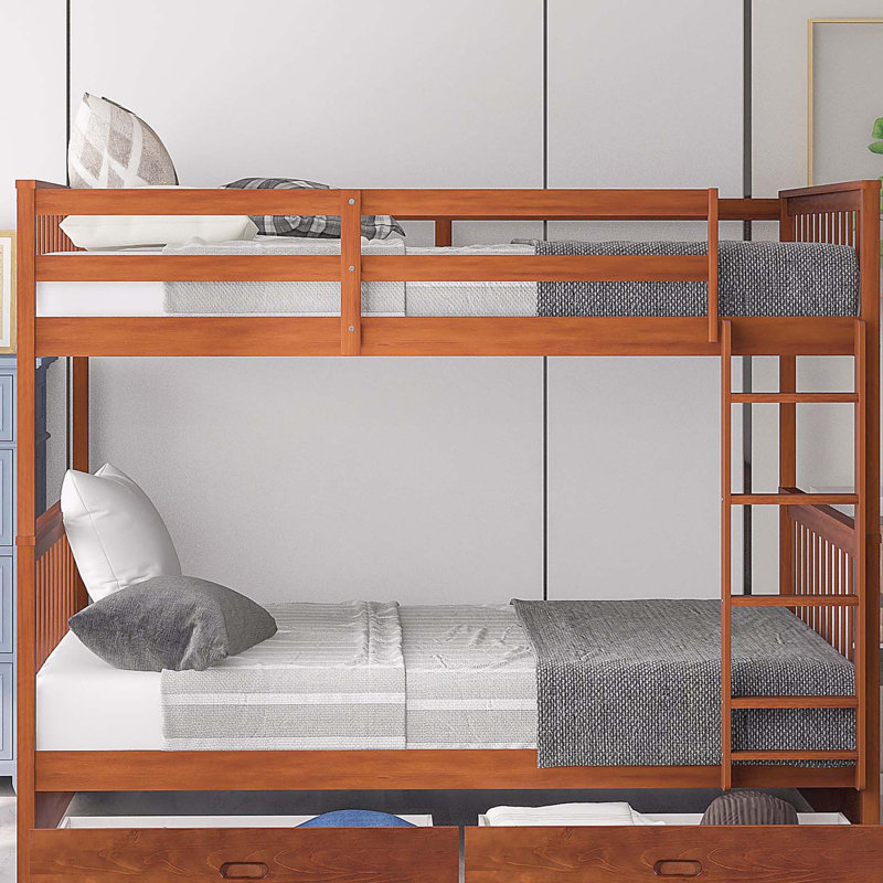Lit superposé en bois avec échelles et 2 tiroirs de rangement, Walnut, Twin