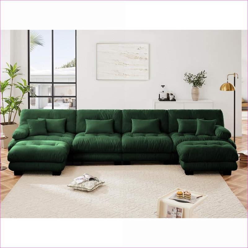 Canapés modulaires | Canapé modulaire en U à 4 places pour le salon, combinaison libre avec 2 repose-pieds | Vert sauge | Chenille