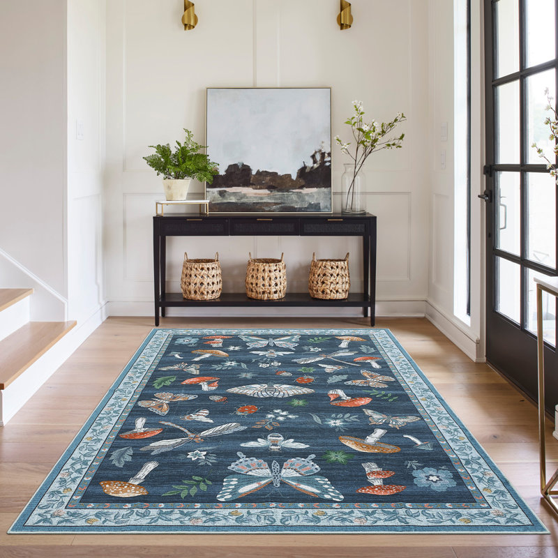 Floral Machine Washable Rug with Non-Slip Backing, Soft Thin Low Pile Non Shedding Floor Carpet, Indoor Foldable Printed Accent Mat for Living Room/Nursery/Bedroom