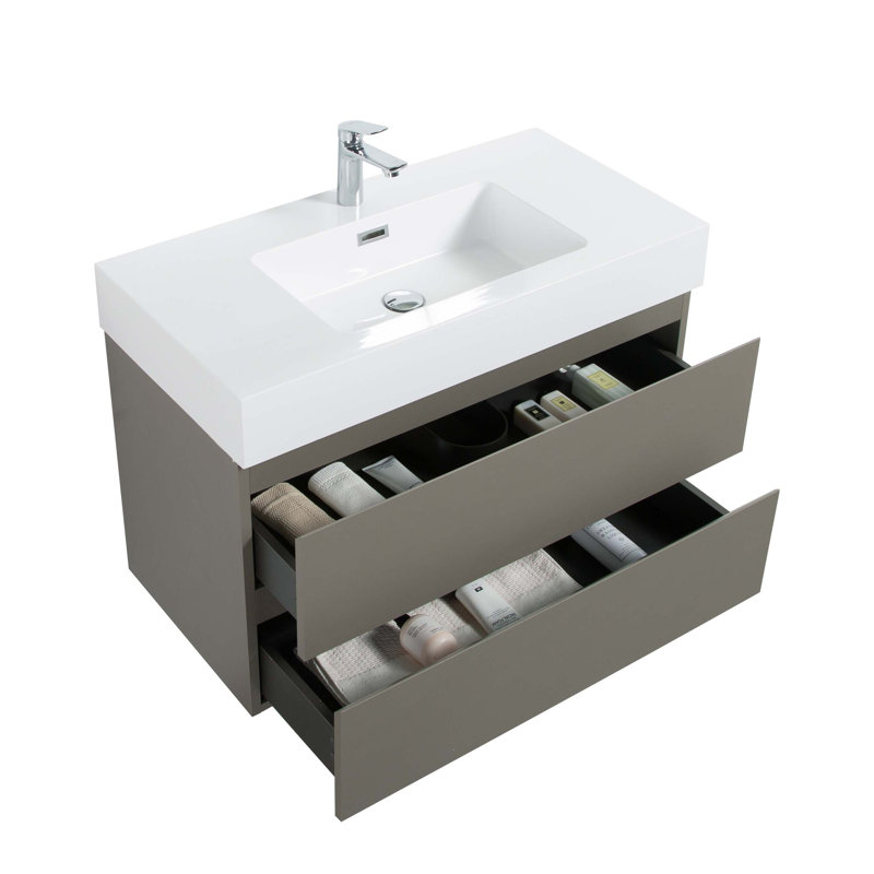 Meuble-lavabo mural flottant avec lavabo et rangement, Tanné, Blanc