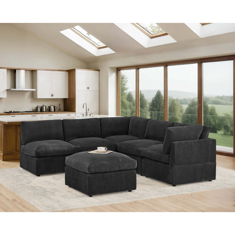 Canapé modulaire de coin symétrique de 98 po Kyanne Priyen, Velours côtelé noir