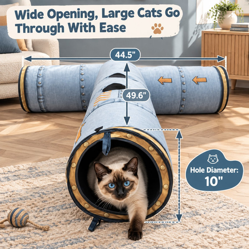 Ce tunnel pliable pour chat en 4 directions est fabriqué en tissu double couche résistant avec un imprimé imitation tuyau métallique et comporte un œilleton interactif pour les jeux de cache-cache des grands chats et des chatons.