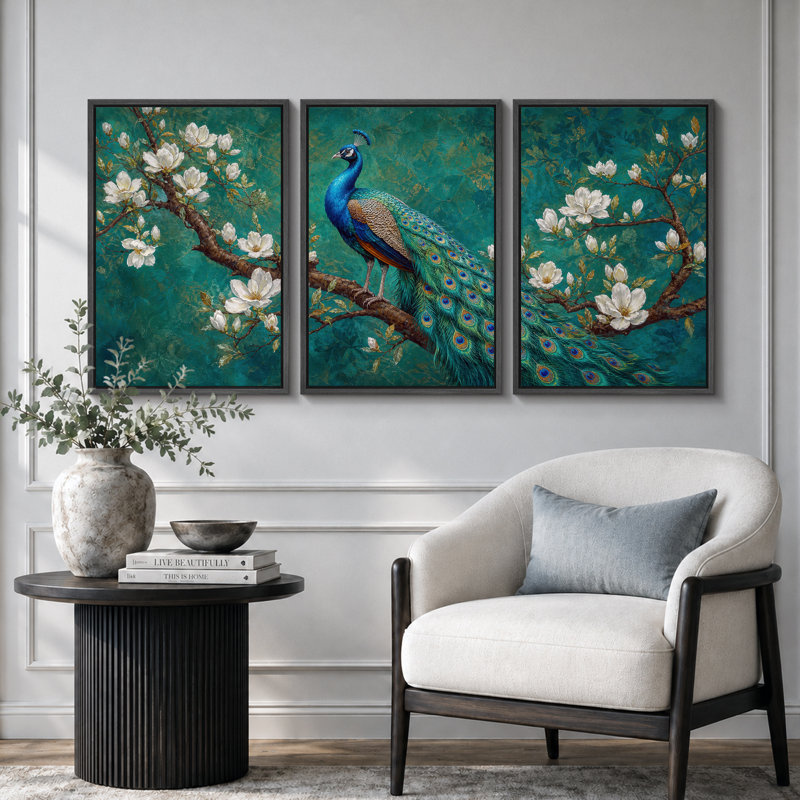 Paon émeraude et fleur de magnolia, H 36 po x l 72 po x P 1,5 po, Cadre noir