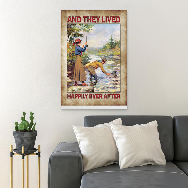 Couple pêche sur la rivière et ils ont survécu à la vie après 1 reproduction d'art graphique sur toile tendue