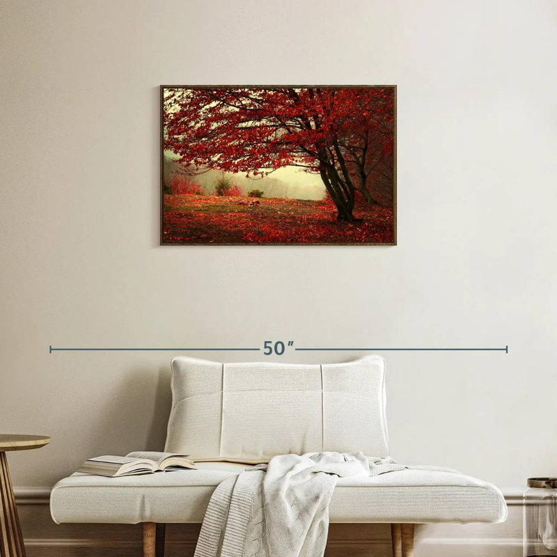 Arbre rouge en automne, Cadre flottant noyer, 31 po x 21 po