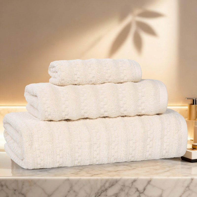 Blue Nile Mills Zero-Twist Cotton Towel Set - Waffle Stripe Texture - Quick-Dry, Ivory