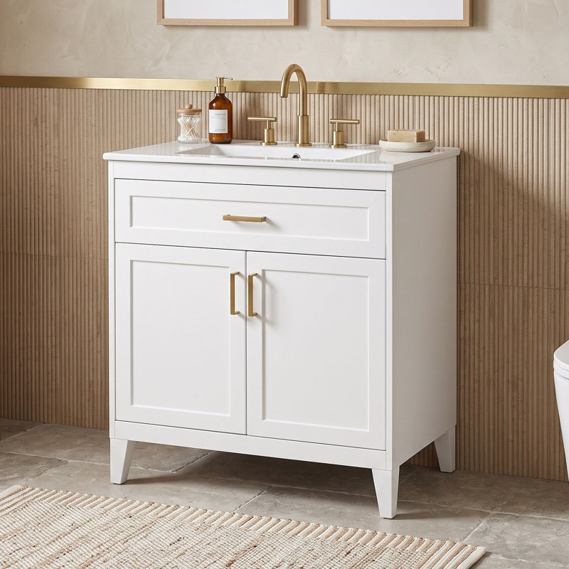 Meuble-lavabo minimaliste sur pied avec lavabo en céramique, tiroir basculant, tablette réglable et portes à fermeture douce.