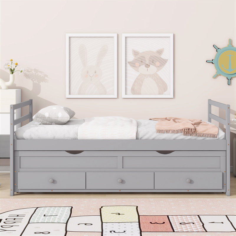 Lit simple avec lit gigogne et trois tiroirs de rangement, Gris