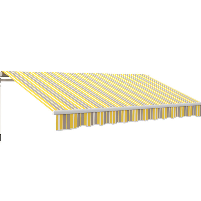 Auvent de jardin rétractable 12 pi x 10 pi. Manivelle manuelle. Et eau - tissu. Cadre en aluminium. Abat-jour de terrasse jaune et gris. Tissu, patio balcon.