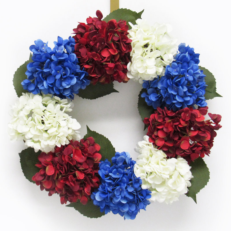 Faux Hydrangea 20'' Wreath, Red/Blue