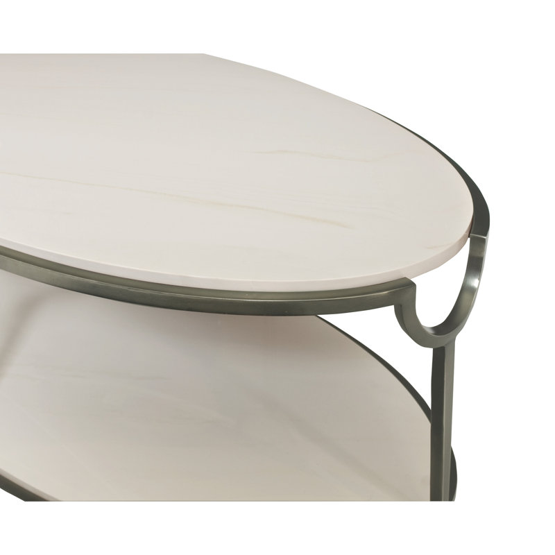 Oval Faux Carrara Marble and Steel Coffee Table with Storage
