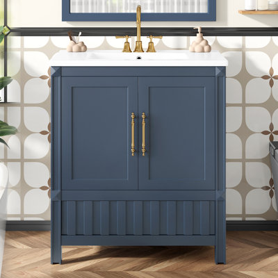 Ensemble de meuble-lavabo moderne 30 po avec lavabo, armoire de rangement multifonctionnelle en bois massif avec 2 portes à fermeture douce et un tiroir, tablette réglable, bleu