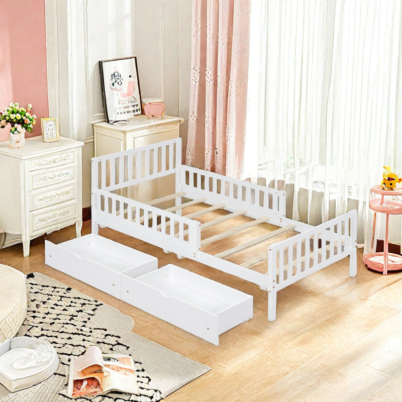 Curits 2 Drawers Platform Bed with Guardrails, Twin, White