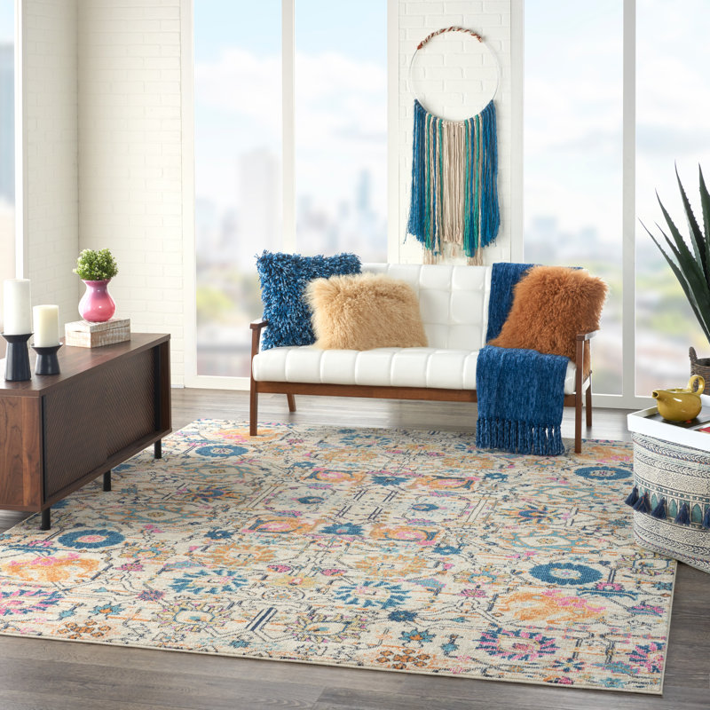Tapis floral ivoire / jaune / bleu Doyon, Rectangle 9 pi x 12 pi