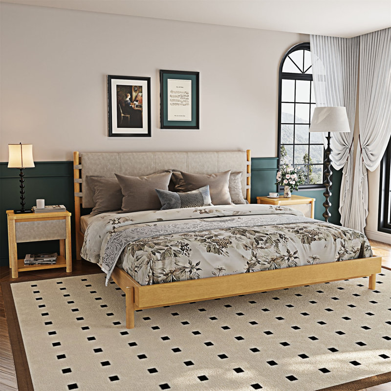 Ensemble de base de lit en bois avec tables de chevet, Beige / Naturel, Très grand lit