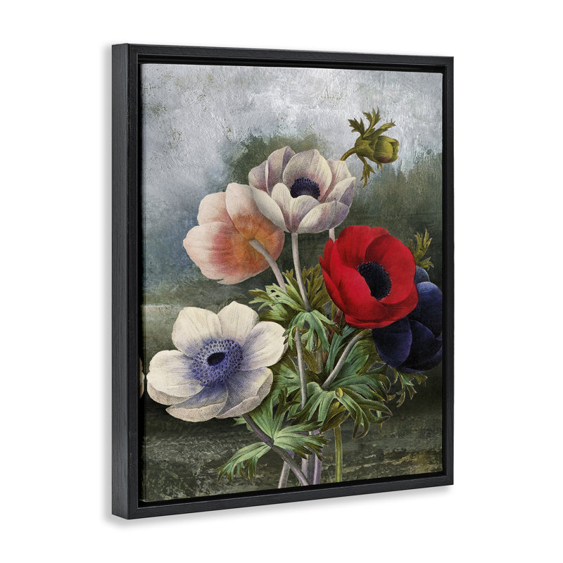 "Assortiment de coquelicots rétro", art mural encadré par Carol Robinson, Cadre flottant noir de jais, H 21 po x l 17 po