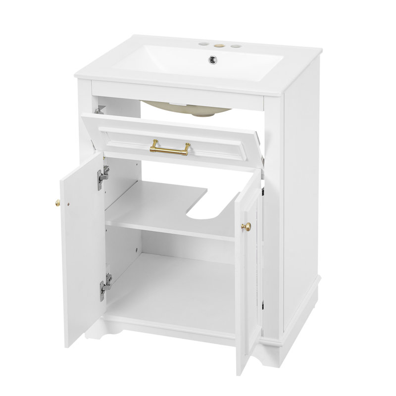 Meuble-lavabo autoportant de 24 po avec lavabo en céramique intégré, Blanc