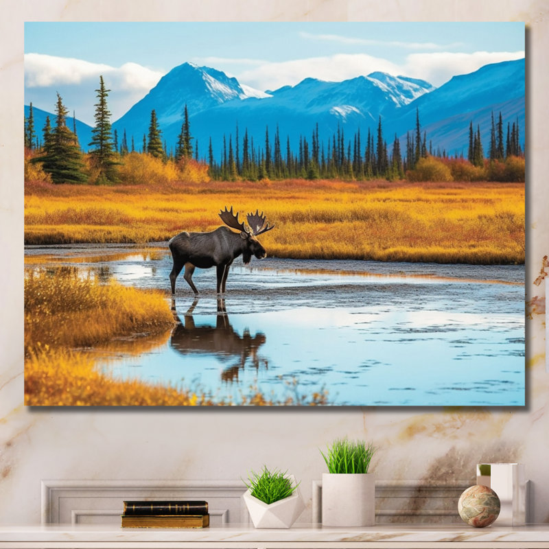 Orignal dans un paysage de l'Alaska II, H 24 po x l 32 po x P 1 po, Toile tendue
