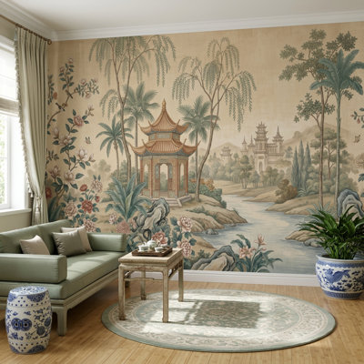 Muted Green Wallpaper Chinoiserie Pagoda Wall Mural