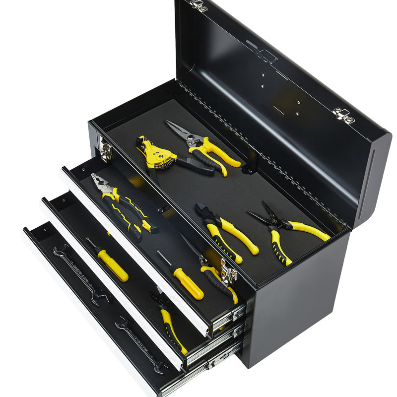 Boîte à outils en métal 20,5 pouces noire, 3 tiroirs, organisateur, verrouillage automatique, protection contre les éclaboussures, poignée supérieure pour le transport en noir, portable, mouvement du tiroir en douceur, transport facile