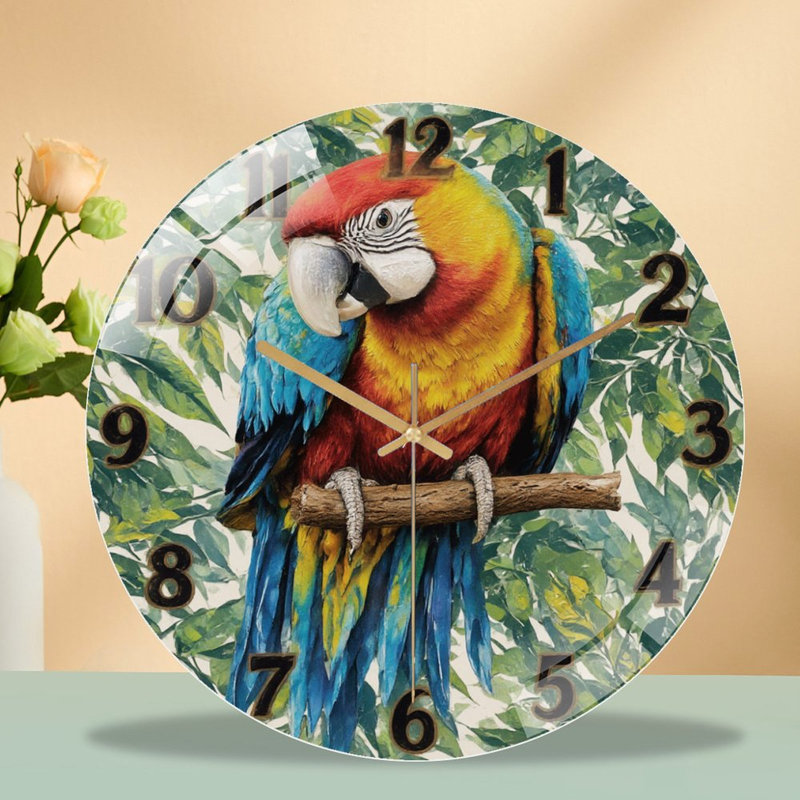 Parrot Clock Face with Greenery Art - 12'' Modern Glass Wall Clock