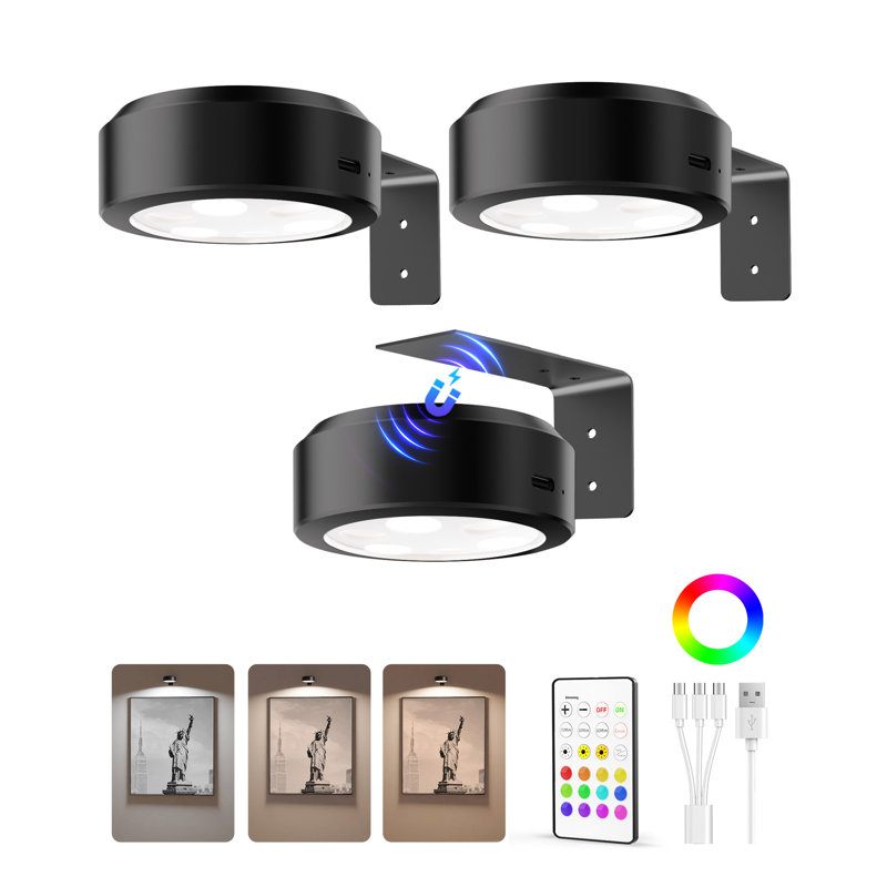 3 Packs Led Wall Mounted Light Wireless With Remote, Black