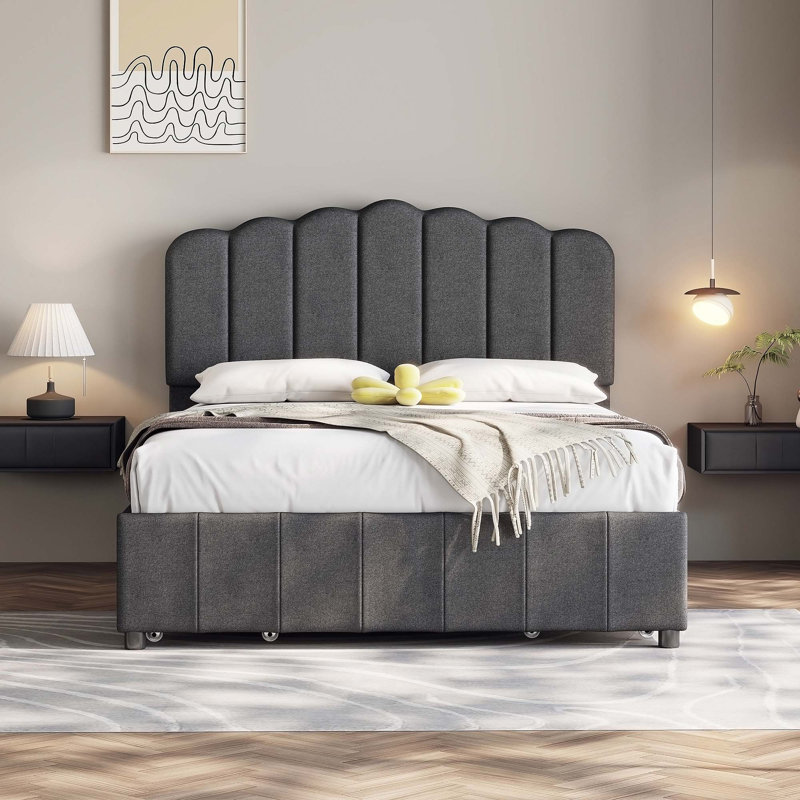 Saiquan Upholstered Bed with Drawers, Full, Beige