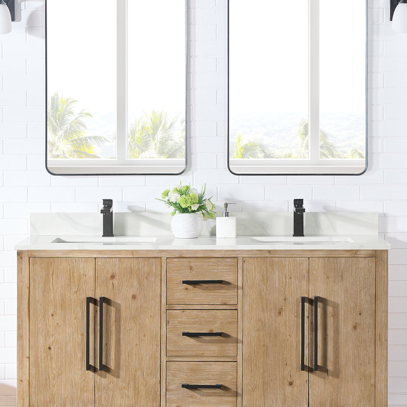 Arbios 60"  Quartz Double Vanity Top with Sink Faucet Holes, Single