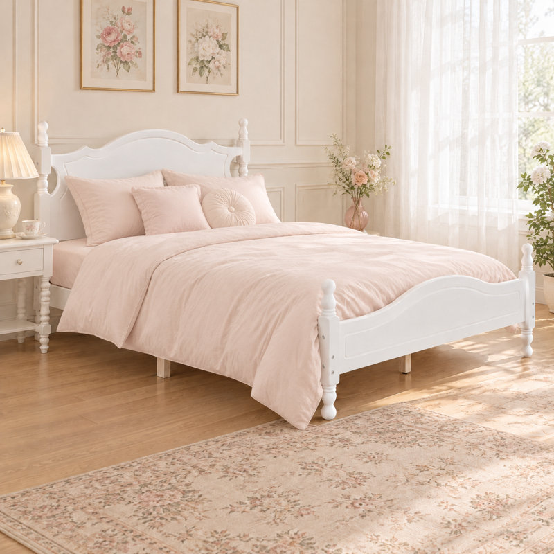 Cadre de lit plateforme en bois grand format, lit plateforme de style rétro avec support en lattes de bois, blanc, Grand lit