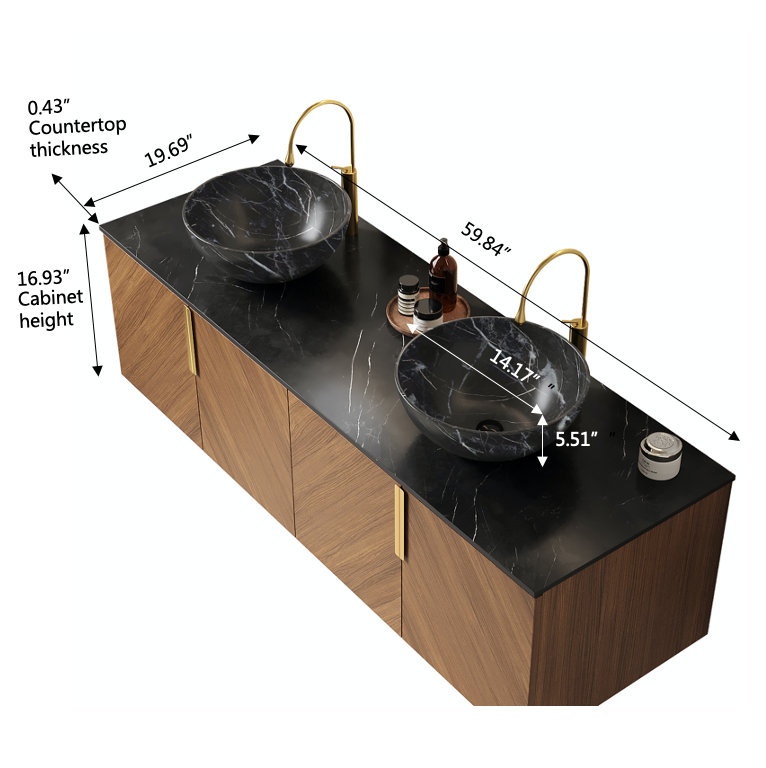 Janet Wall-Mounted Bathroom Vanity with Ceramic Basins & Sintered Stone Countertop, Black Bowl, 60"