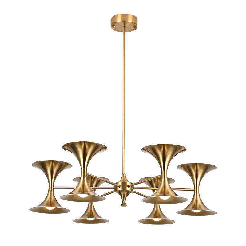 Lustre doré 6 lumières avec abat-jour en forme de trompette