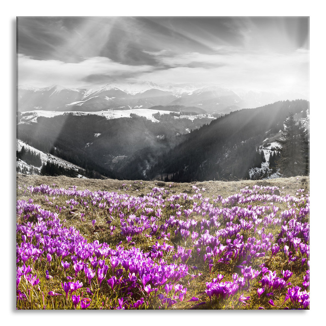 Glasbild Berglandschaft mit Regenbogen