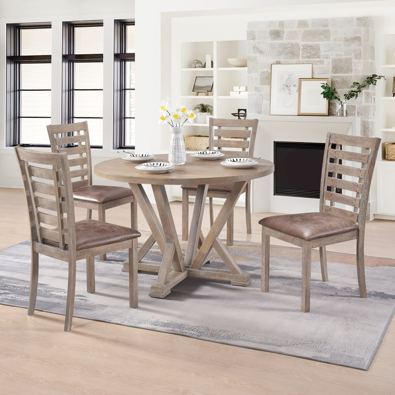 Rustic Farmhouse 5-Piece Dining Set with Round Pedestal Table and Faux Leather Chairs