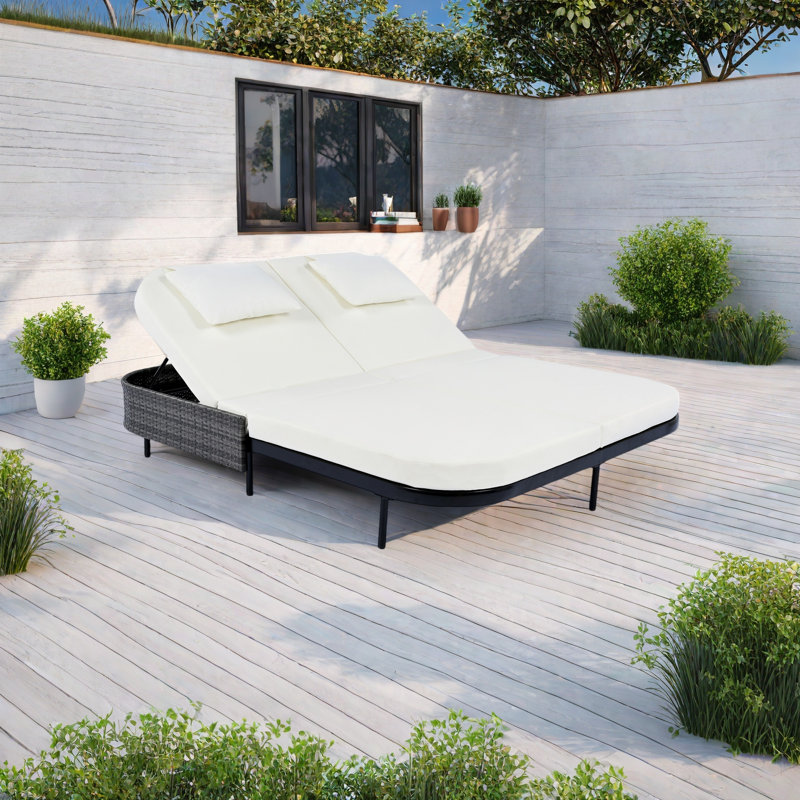 Outdoor Patio Rattan Double Daybed With Adjustable 5-Position Backrest, All-Weather Cushions & Pillows, Heavy-Duty Metal Frame For Garden, Poolside, Backyard
