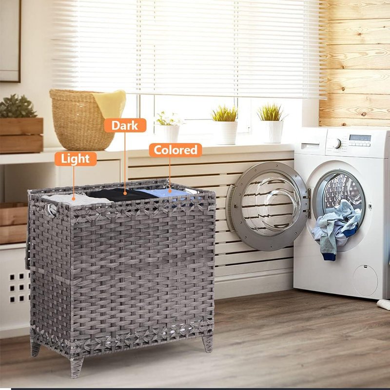Laundry Hamper With 3 Removable Liner Bags; 132L Handwoven Rattan Laundry Basket With Lid & Heightened Feet; Clothes Hamper With Side Handles; Laundry Sorter With 3 Separate Sections