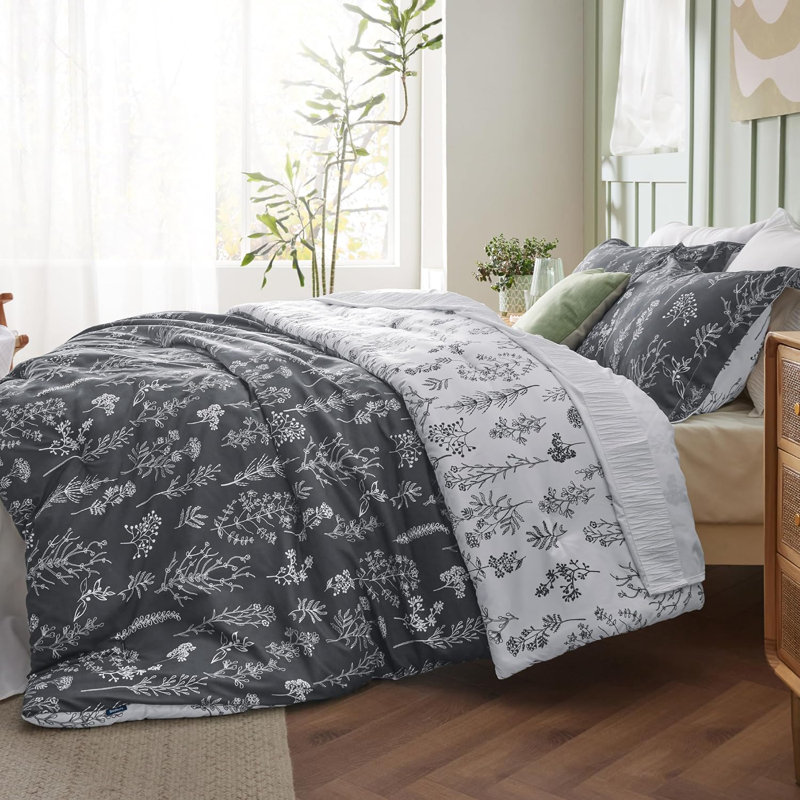 Mignon ensemble d'édredon floral 3 pièces, Gris foncé, Grand lit