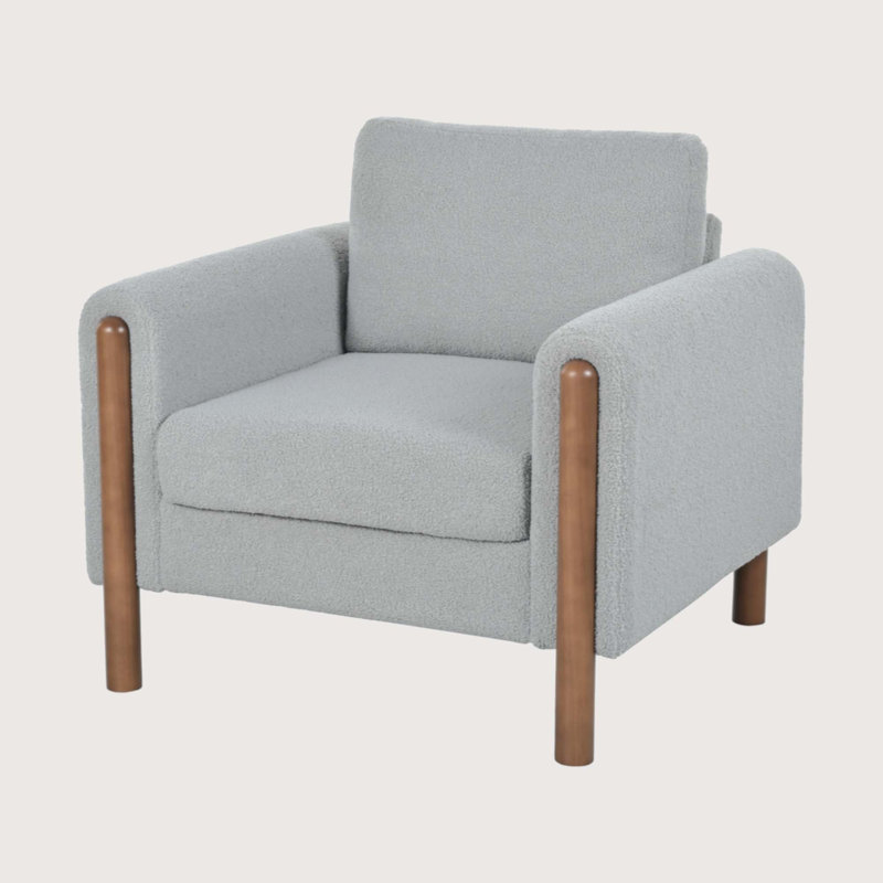 Elara Modern Oversized Upholstered Accent Chair with Curved Handrail and Wooden Legs, Gray Teddy