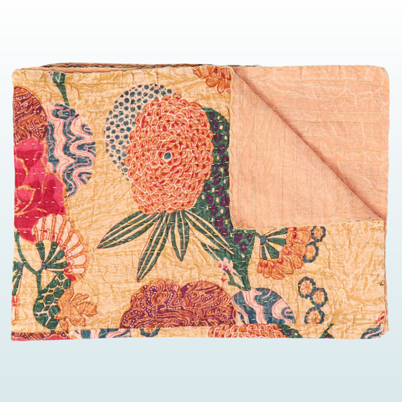 Jeté en coton avec broderie Kantha, 50 x 70 pouces, par Trio, Orange / patchwork rouge