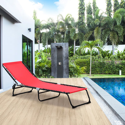 Fauteuil de bronzage extérieur. 4 sièges inclinables et respirants en filet et élastiques. Méridienne rouge. . Pour la plage, la cour.