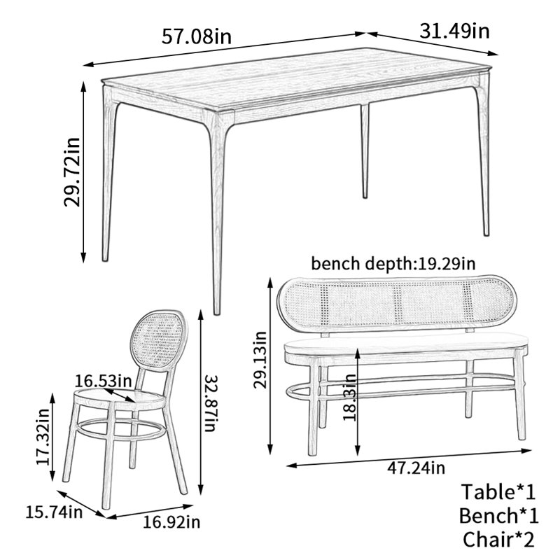 Simple Retro All Solid Wood Ash Dining Table Set, 29.72" H x 57.08" L x 31.49" W
