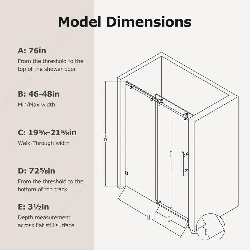Portes de douche coulissantes simples sans cadre l 46 à 48 po x H 76 po, porte de douche coulissante pour salle de bain, porte en verre trempé épais de 5/16 po (8 mm)