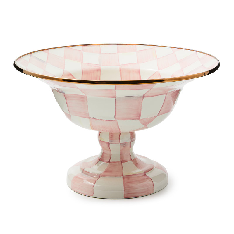Large Pink-and-White Check Enamel Pedestal Compote Bowl
