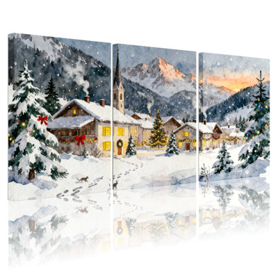 Christmas Snowy Village Christmas Scene With Church And Mountains Set of 3 Canvas Wall Art Prints